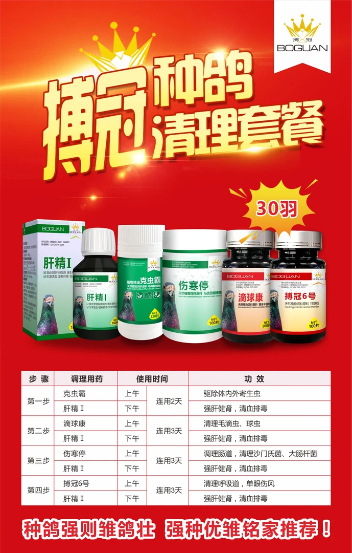 搏冠种鸽调理套餐粉剂100羽/片剂30羽2025年种鸽全面清理套装组合