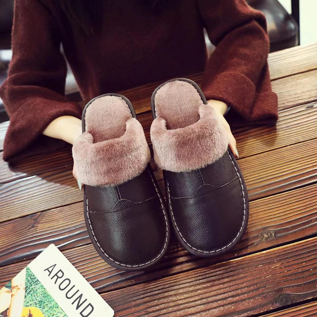 冬季时尚保暖精品拖鞋真皮防水居家厚底防滑软底男士情侣包头皮面