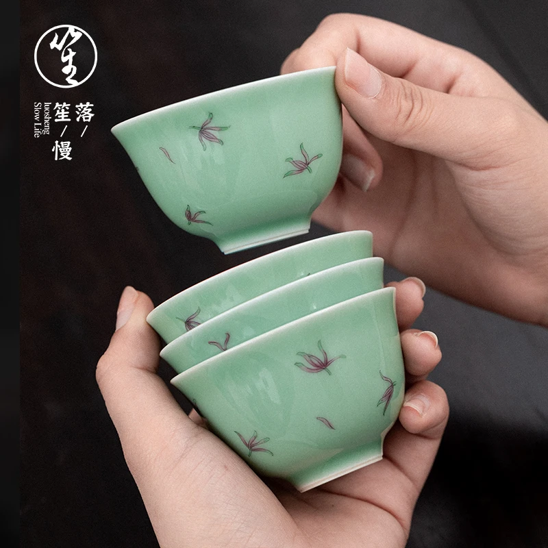 落笙景德镇陶瓷小茶杯功夫手绘主人杯单杯梅青品茗杯个人茶道杯子