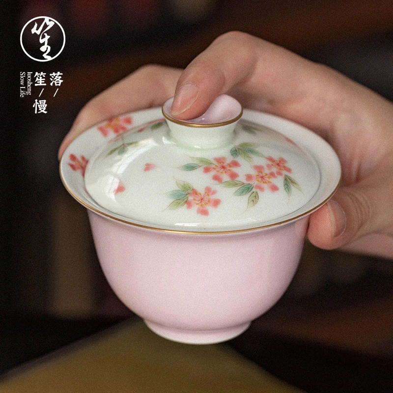落笙景德镇盖碗单个陶瓷泡茶碗不烫手高档手绘家用带盖功夫茶杯具