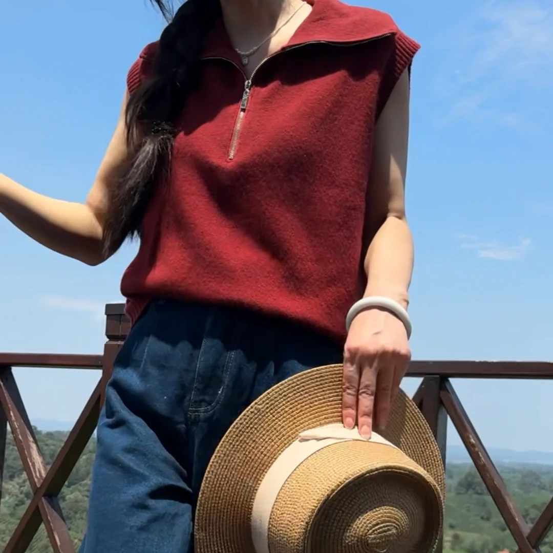 百搭舒适无袖翻领针织羊毛衫