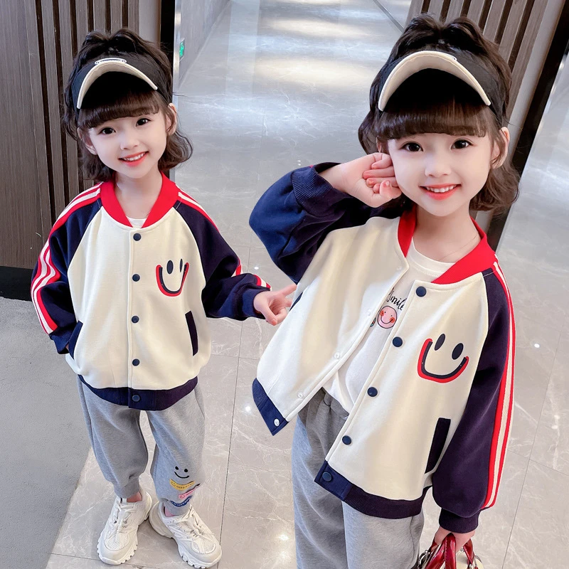 女童大笑脸休闲棒球服2023春季新款女宝宝洋气时尚上衣中小儿童装