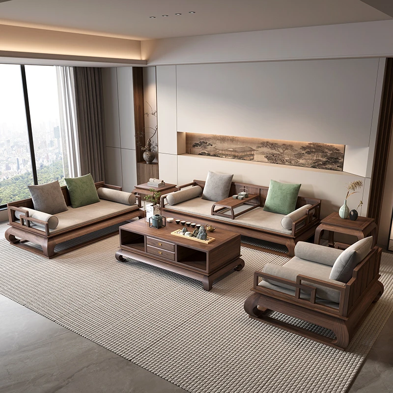 新中式实木沙发现代组合禅意客厅高档别墅大平层北美黑胡桃罗汉床