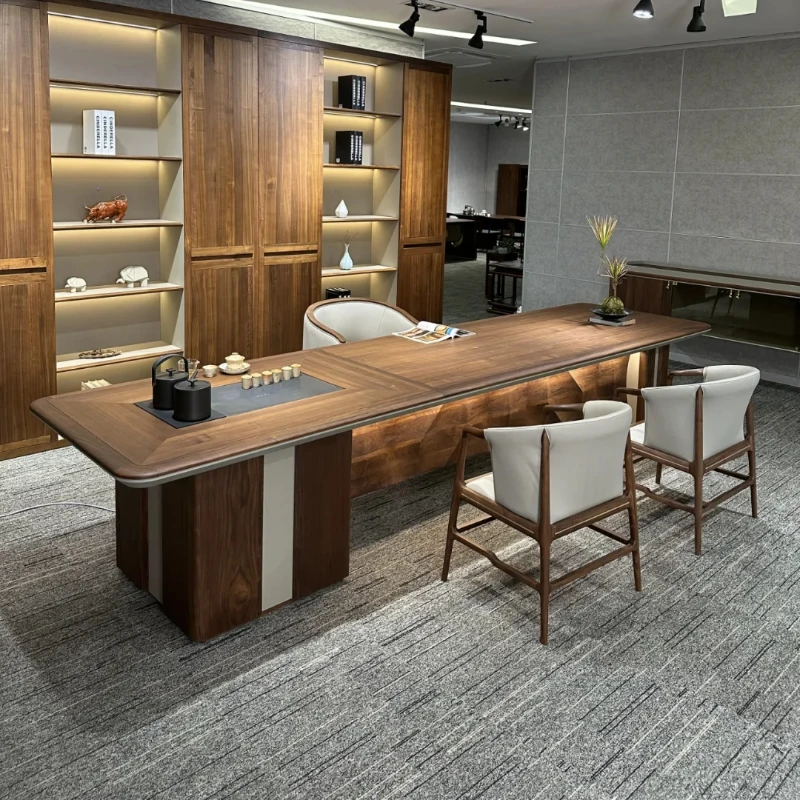 新中式黑胡桃木茶桌椅组合轻奢现代高级感办公桌一体两用泡茶台
