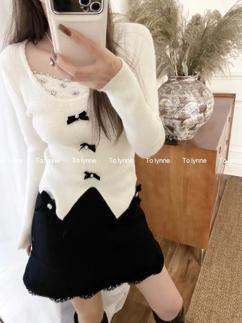 小香风蝴蝶结针织衫假两件修身上衣内搭