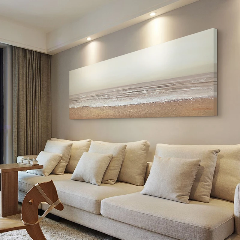 手绘油画【静梦】原创极简抽象画客厅海景大横幅画卧室床头暖色油画