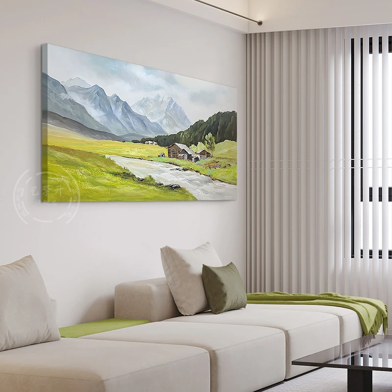 手绘油画【依山傍水】山水风景装饰画客厅长条油画横幅卧室手工挂画