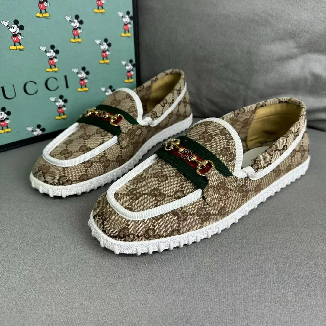 GUCCI/古驰乌木色双G金扣老花满印经典百搭乐福鞋 41国码/全新