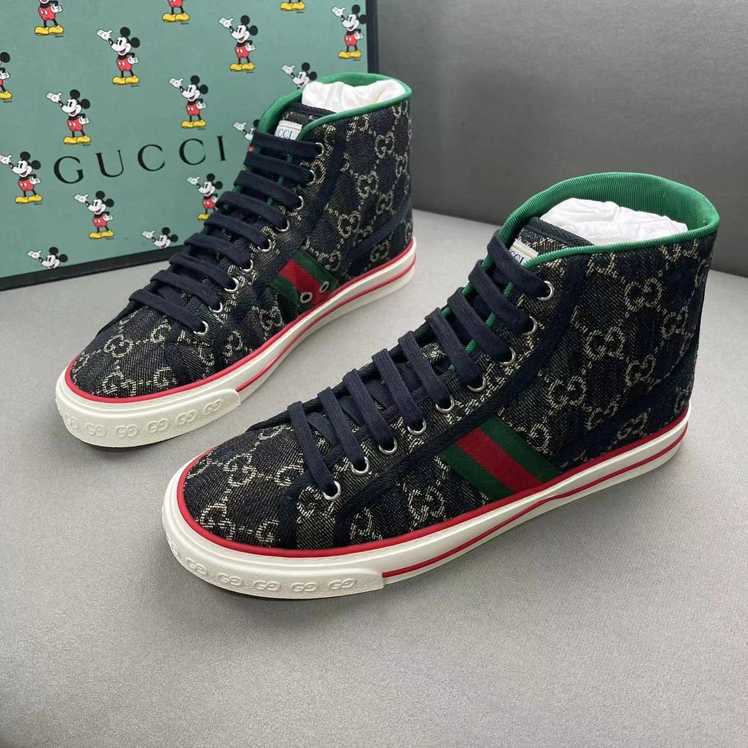 全新未使用 GUCCI/古驰 藏蓝色牛仔老花满印1977高帮板鞋 40码