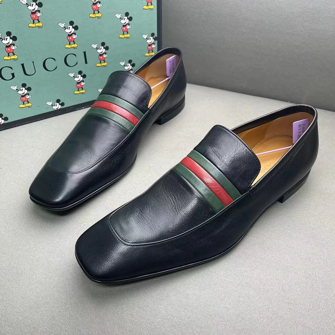 GUCCI/古驰黑色荔枝纹红绿系带时尚百搭方头皮鞋 42.5码/全新放置