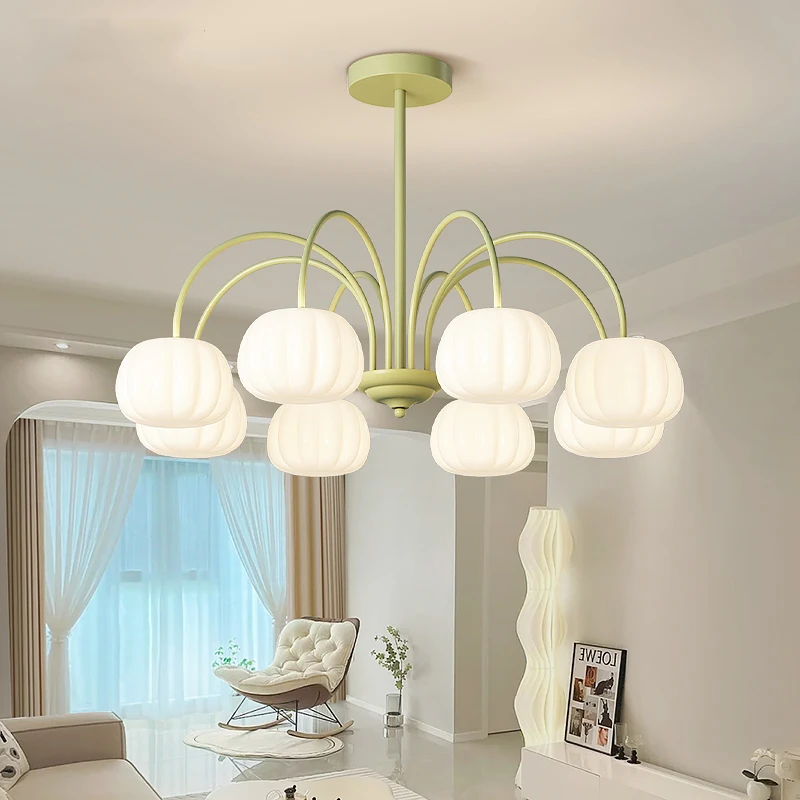 客厅灯现代简约大气奶油风吊灯全光谱护眼卧室灯网红南瓜中山灯具
