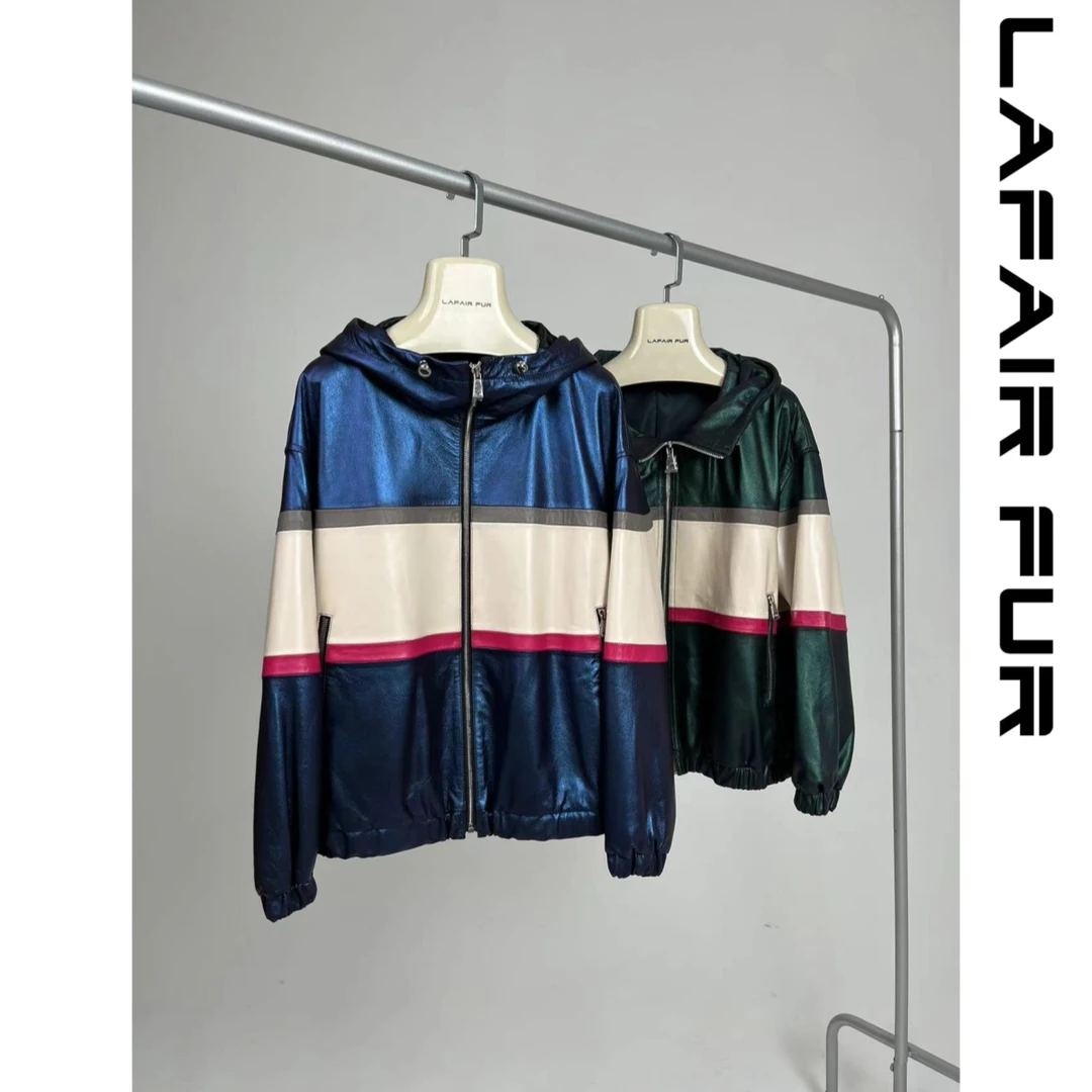 拉法时尚春秋设计师短款连帽女士皮衣外套24087