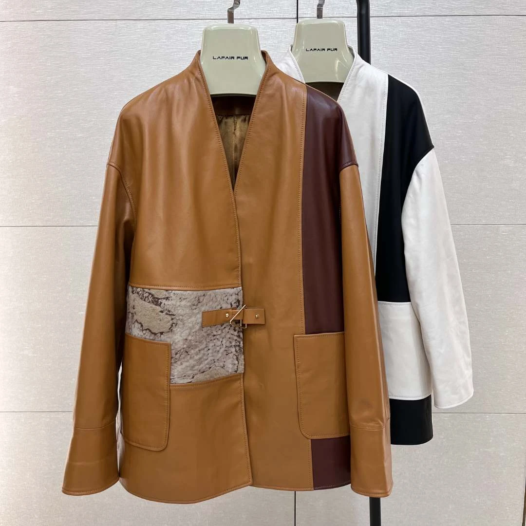 拉法时尚春秋中款V领气质百搭撞色绵羊皮上衣23073