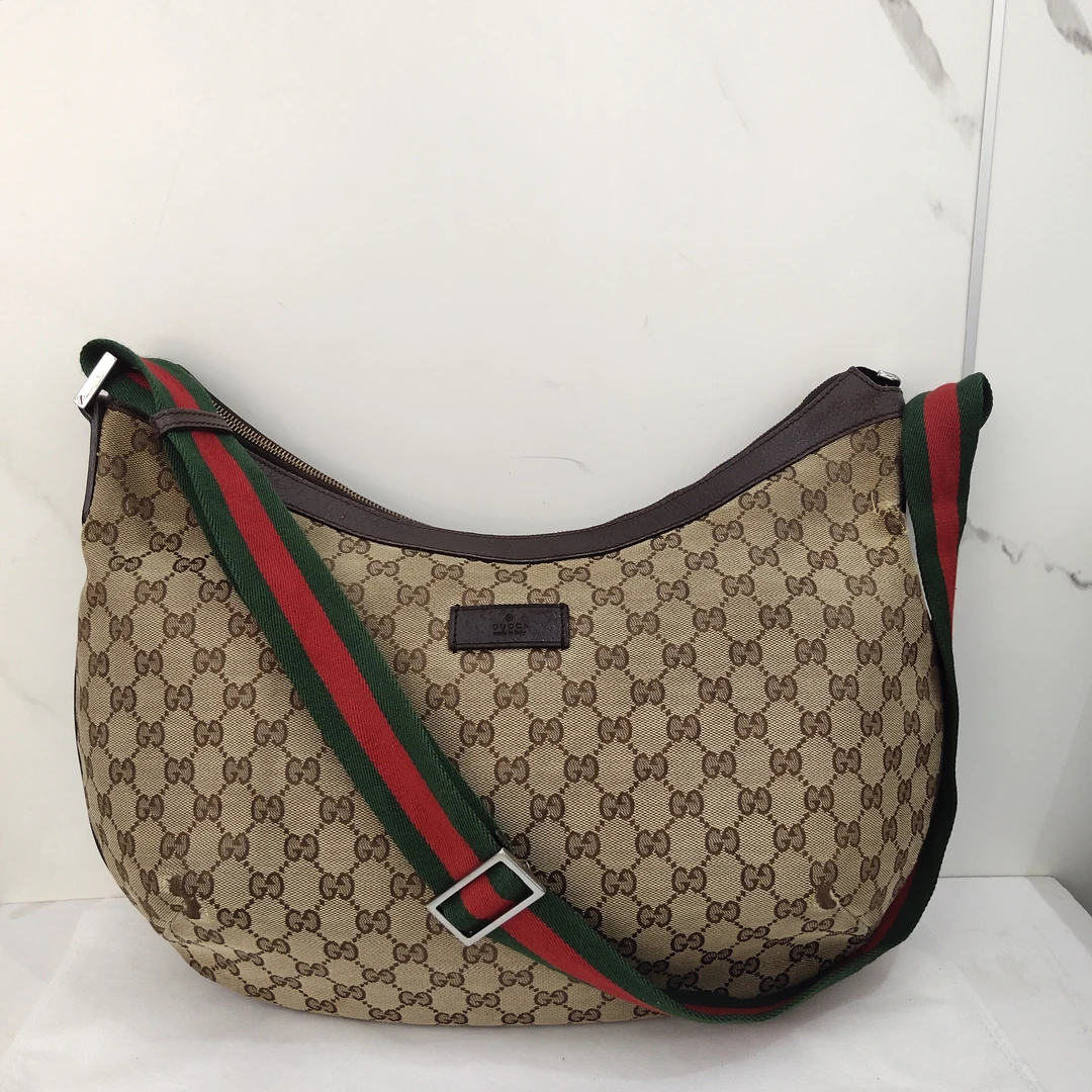 95新 GUCCI/古驰 古驰老花红绿织带月亮包/货号9733