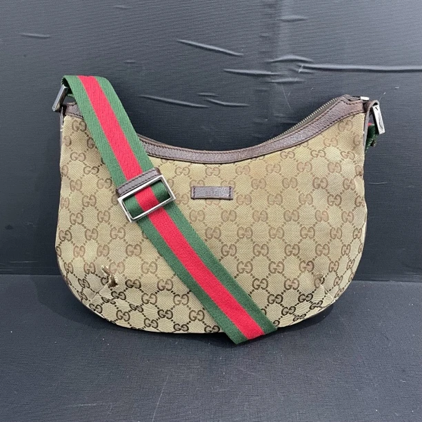 90新 GUCCI/古驰 老花条纹织带斜挎包/货号11924