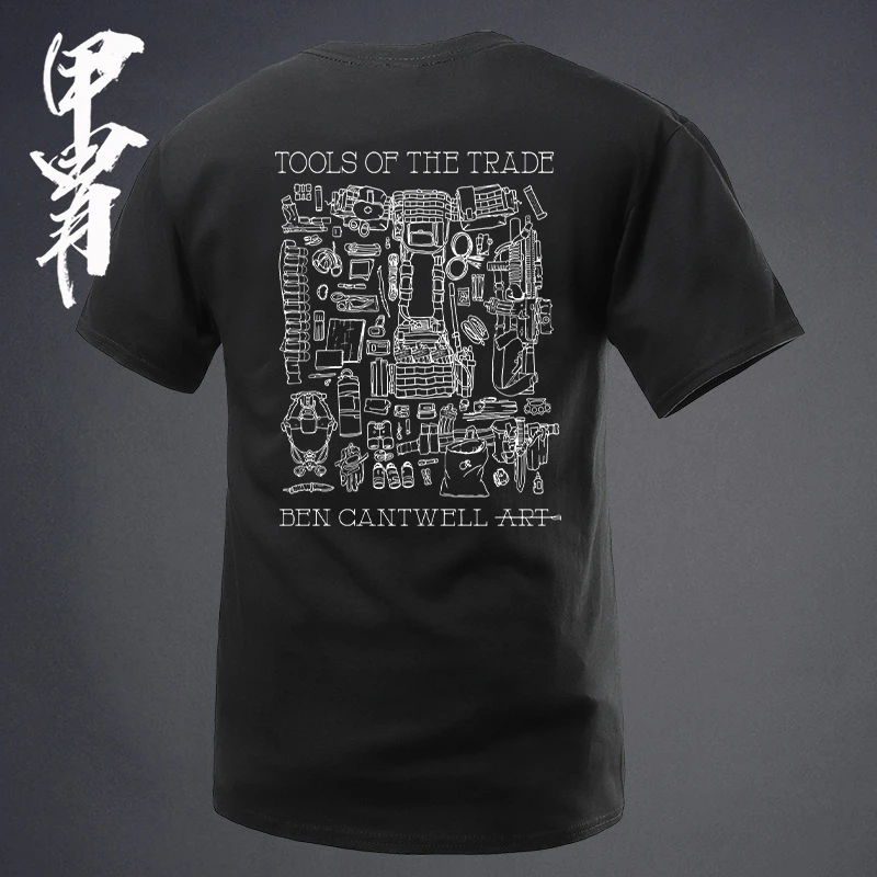 夏季新品 军事风 单兵装备线描稿 圆领短袖T恤 硬汉服装