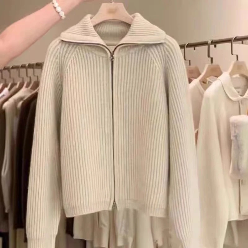 2024早秋拉链毛衣外套女秋冬气质纯色翻领宽松针织开衫立领上衣