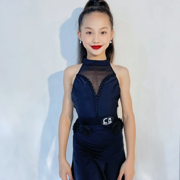 CD卡门繁星新品拉丁练习两件套美背手工花挂脖无袖少儿女童拉丁舞