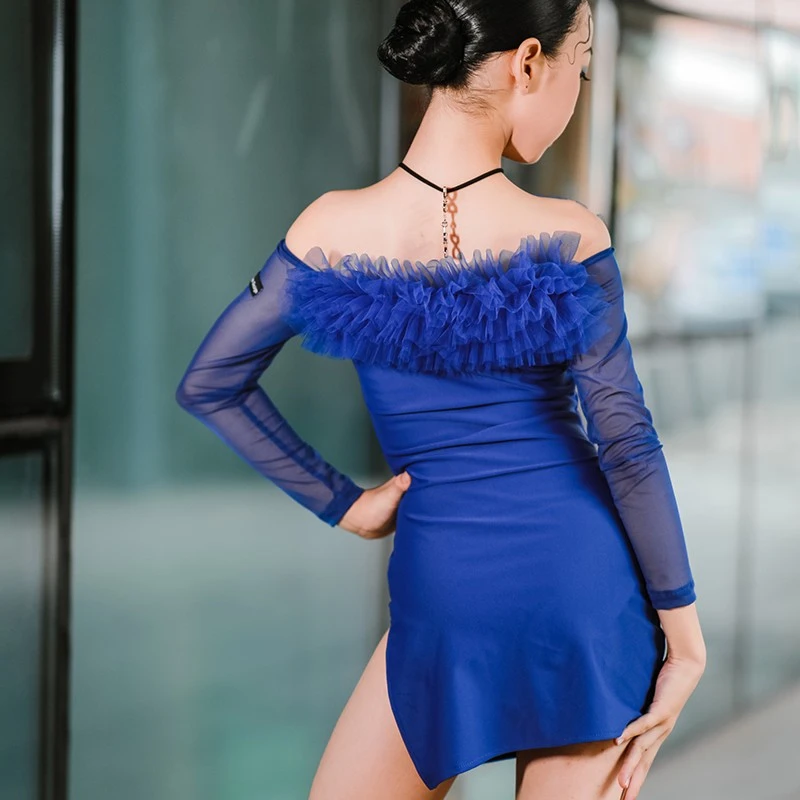 CD卡门秋款长袖精致花朵一字肩儿童拉丁舞练习连体裙训练服