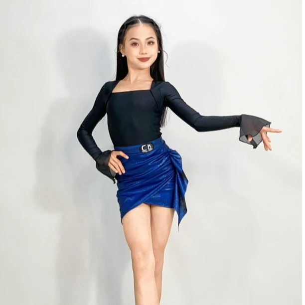 CD卡门少儿拉丁舞彩金练功服喇叭长袖分体套装专业舞蹈服春夏新款