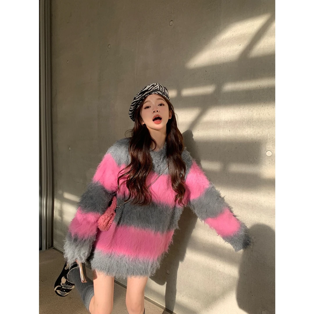 【彩虹idol】多巴胺条纹毛衣 拉毛慵懒氛围感 NN23110030