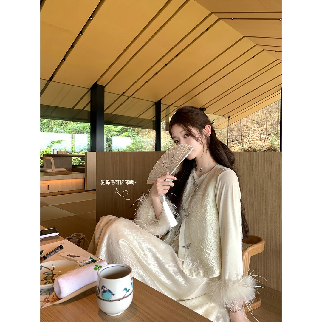 【明月松间照】气质中式老钱风休闲春季长袖国风提花羽毛袖套装