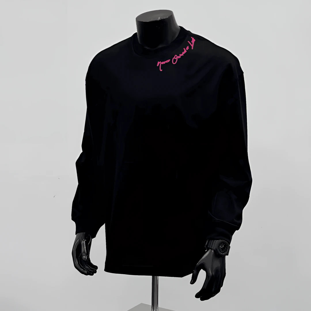 美式复古设计感领边英文T恤100%纯棉260克重磅印花宽松内搭长袖潮