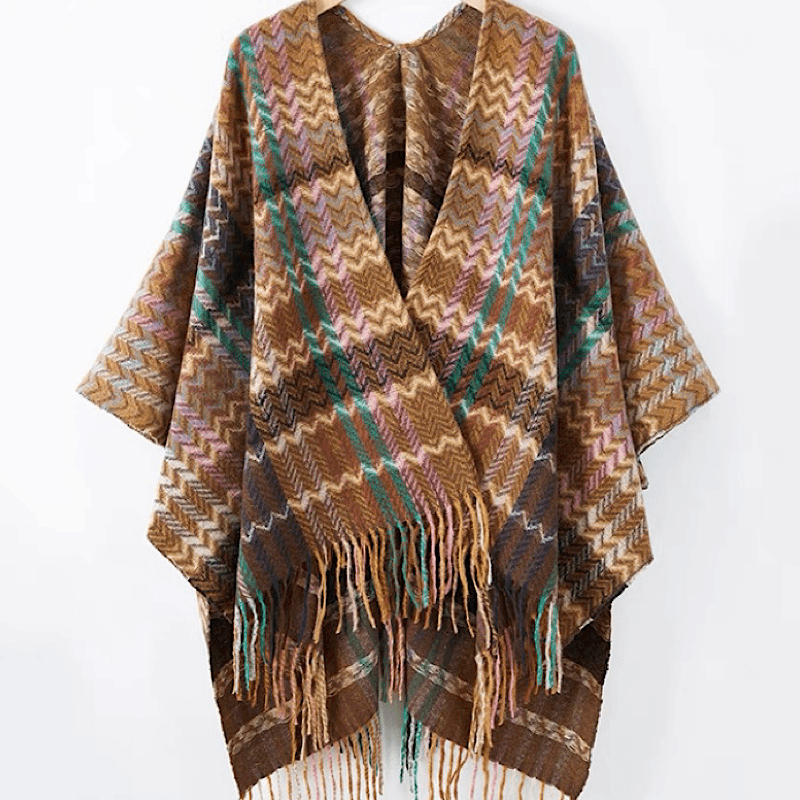 550克毛线编织披肩格子几何围巾保暖流苏针织民族风开叉斗篷旅游