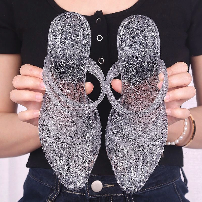 网红爆款水晶尖头拖鞋女外穿夏季百搭镂空透气防滑速干粗跟凉拖鞋