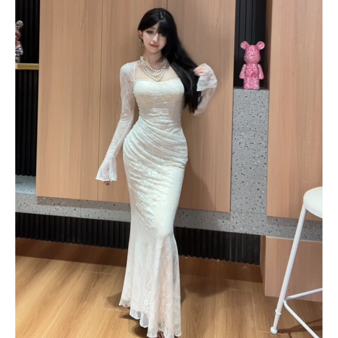 【小洋家】（白藤之恋）法式气质修身收腰蕾丝吊长裙-SXYYN404061