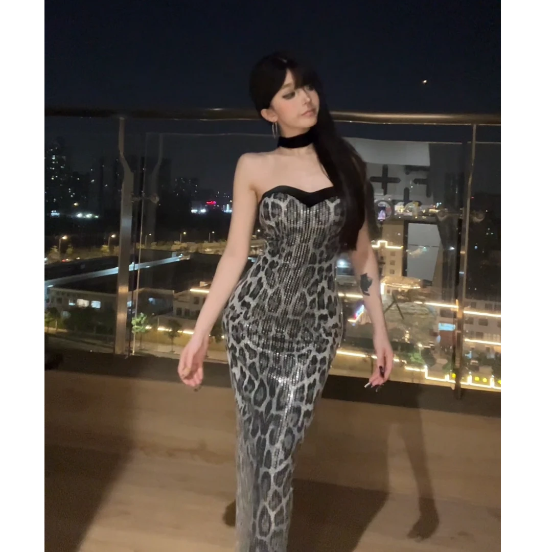 【小洋家】（鲨手）欧美辣妹风性感豹纹露背包臀长裙-SXYYN405762