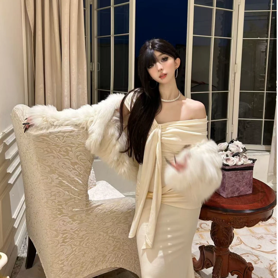 【小洋家】（雪女）不规则包臀小妈长裙法式一字肩抹胸裙SXYJL405587