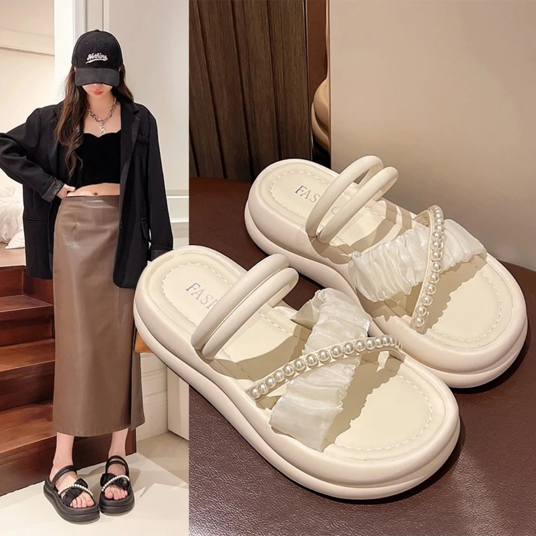 夏季仙女风珍珠凉鞋女俩穿2024年网红时尚百搭软底外穿厚底凉拖鞋