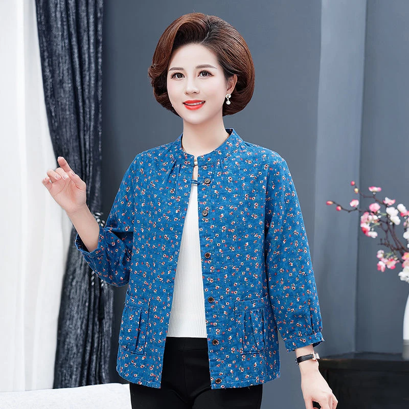 妈妈装宽松大码衬衫九分袖上衣夏中老年女装立领棉质小碎花衬衣