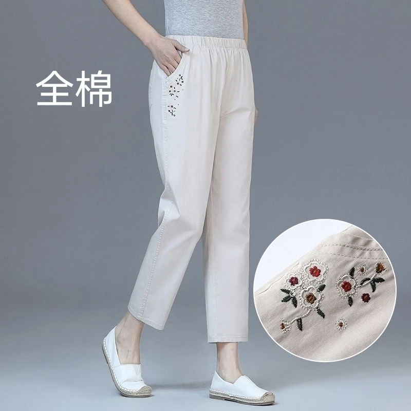 22-1妈妈纯棉休闲九分裤新款中老年女装春秋裤子薄款松紧高腰直筒