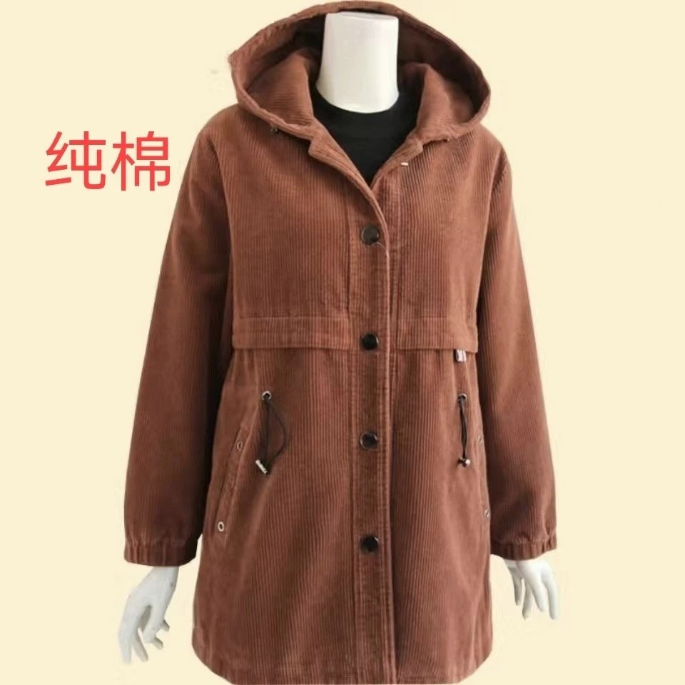 2007妈妈灯芯绒外套宽松大码中老年女中长款风衣纯棉加肥条绒外套