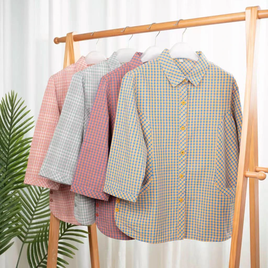 2178中老年妈妈装衬衫时尚纯棉格子上衣薄奶奶七分袖夏老年人衬衣