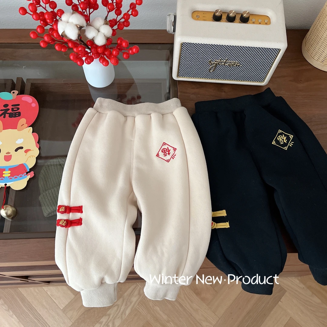 儿童过年裤子0-5岁冬季男童民族风加绒保暖拜年服宝宝绒裤子加厚