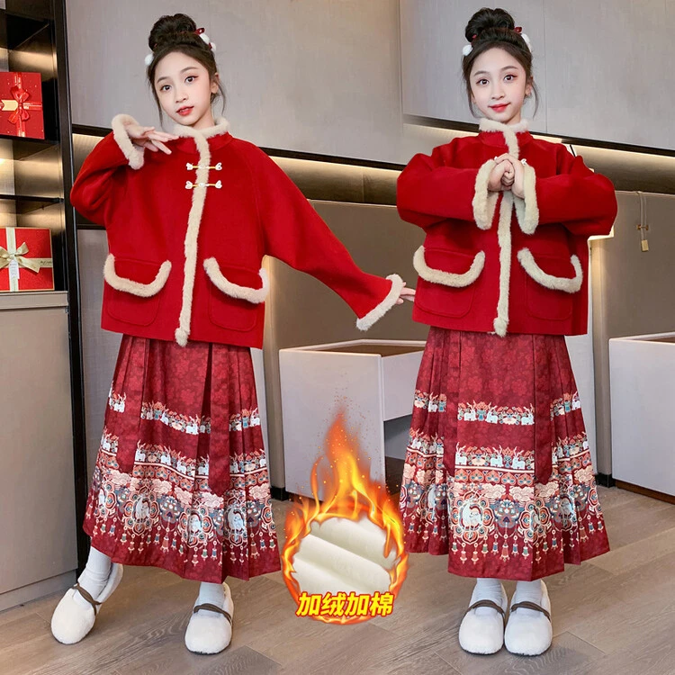冬款秋冬红色冬季2023新款小女孩中国风马面裙儿童唐装加厚拜年服