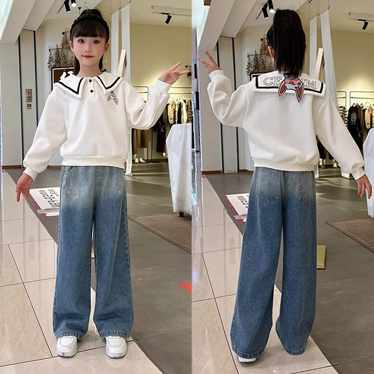 女童春秋套装2024新款女大童洋气童装海军领卫衣阔腿裤儿童两件套