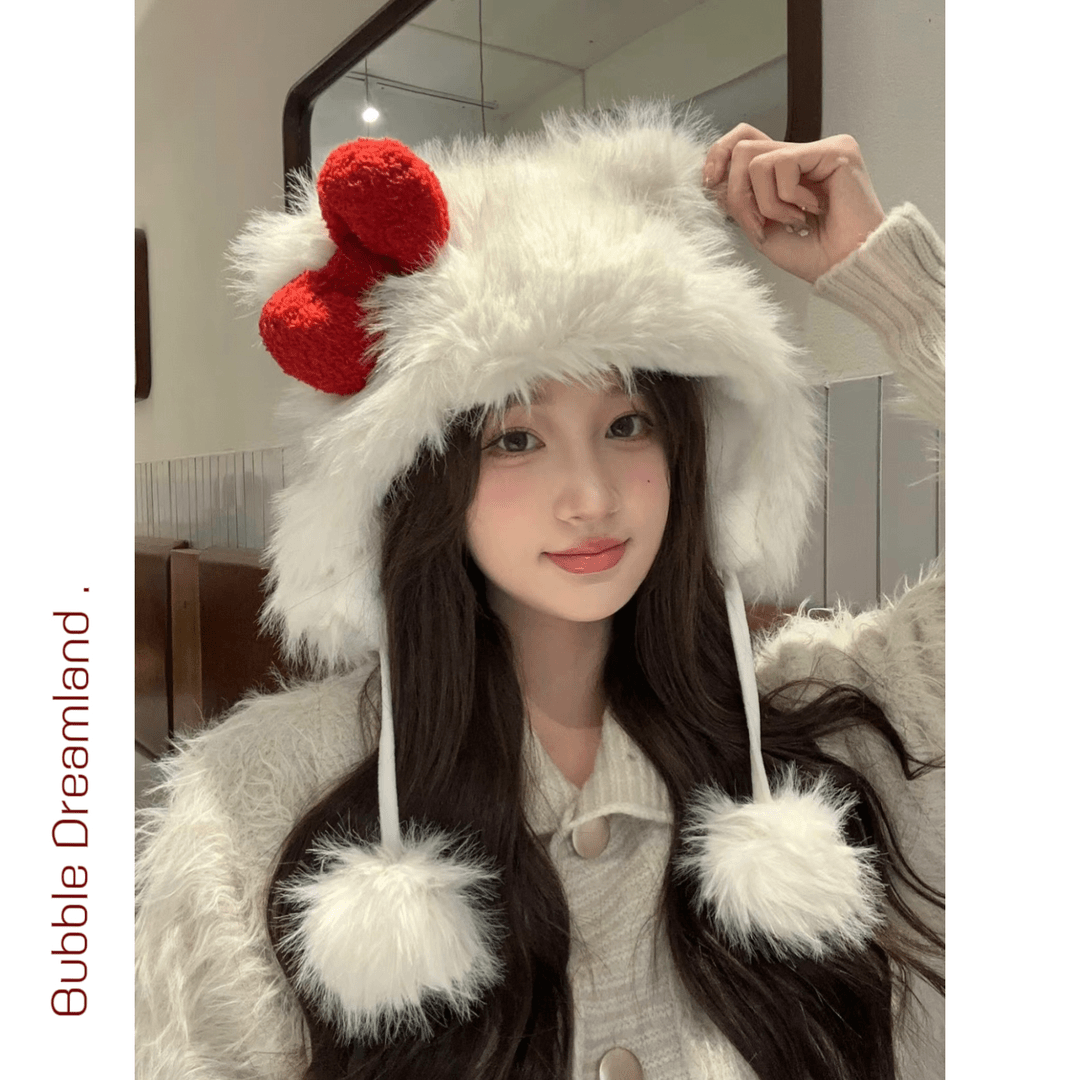 新款kt蝴蝶结冬天可爱猫动物时尚保暖毛绒冬天秋冬季学生女生必备