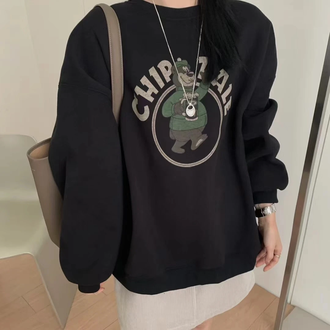 8830欧洲站秋季印花趣味小熊加绒卫衣小个子宽松长袖套头上衣