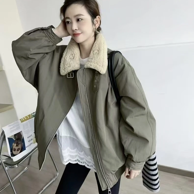 Y683欧洲站冬季新款拼毛领宽松外套女加厚休闲派克服