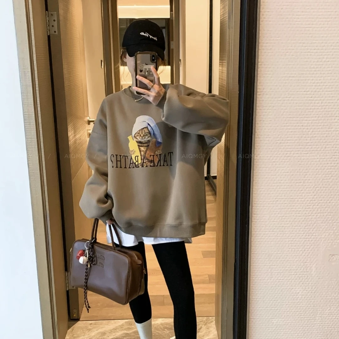8822高品质韩货加绒加厚洋气减龄宽松休闲猫咪印花卫衣女