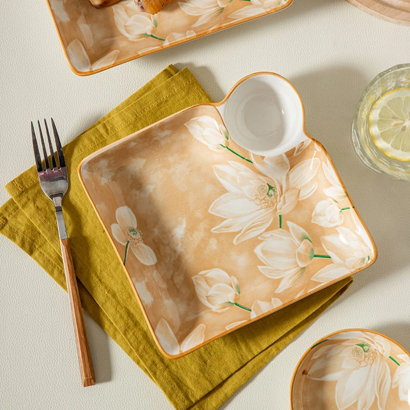 荷塘月色饺子盘釉下彩工艺新款陶瓷早餐盘小吃盘带酱料碟盘餐具