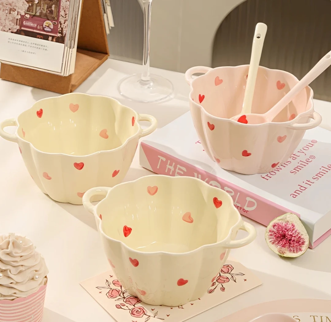 【桃心】奶油风小南瓜碗双耳吃饭碗勺家用碗蒸蛋碗少女心餐具