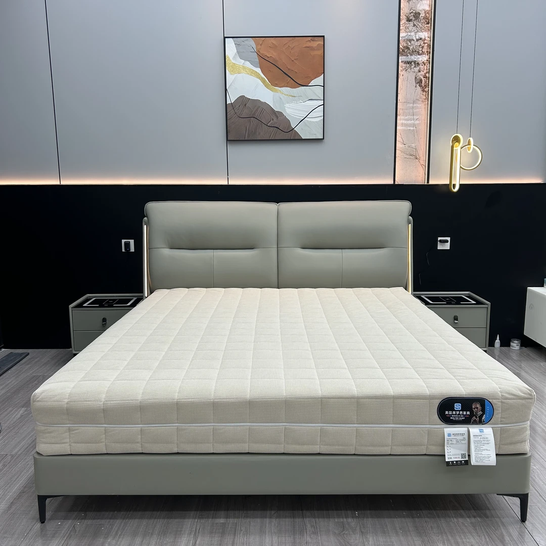 【顶配橡胶木】HSD-929皮艺床高脚简约头层真皮主卧轻奢实木双人床