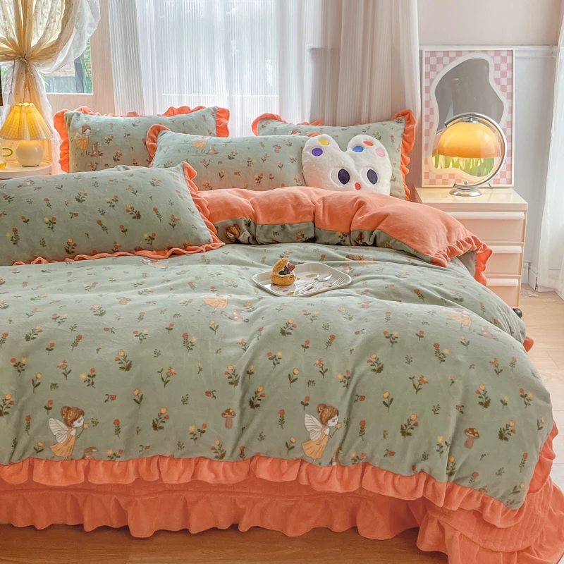 冬季加厚床盖高克重牛奶绒四件套保暖加绒小清新公主风床上用品