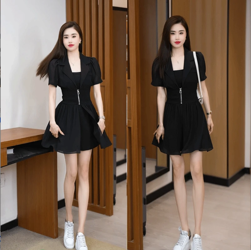 夏季新款三件套小个子洋气时尚气质显瘦长短款黑色三件套套装