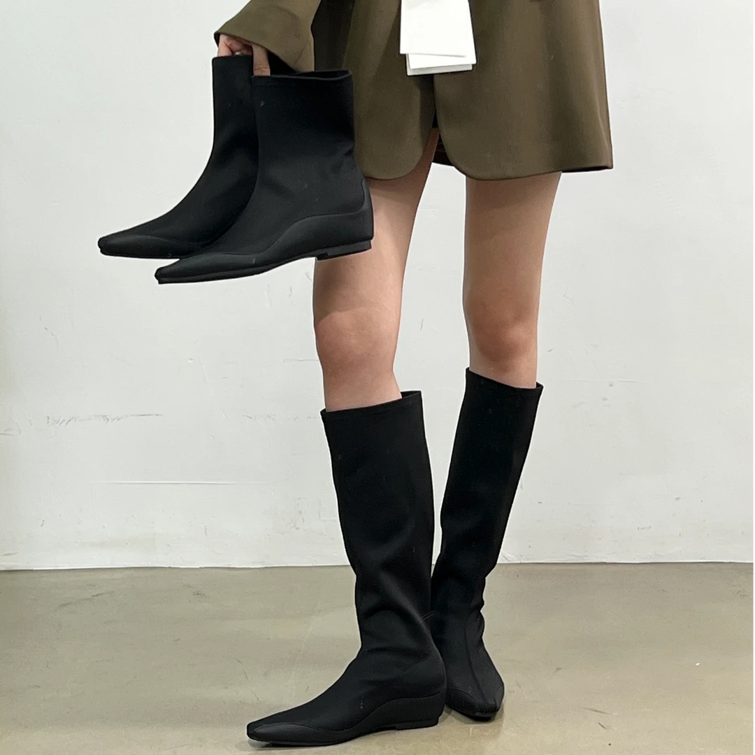 巨显瘦极简风拼接高筒瘦瘦靴不过膝长短靴子方头内增高莱卡弹力靴